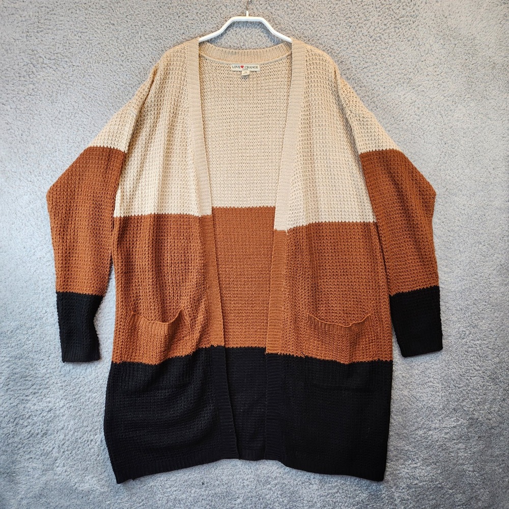 Love Change Italy Open Front Cardigan Sweater Womens Size 2X Color Block Pockets